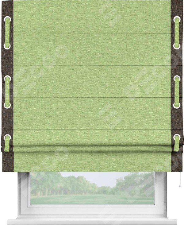 Римская штора «Кортин» с кантом Стрим Дуо (люверсы с пояском), для проема, ткань лён зеленый